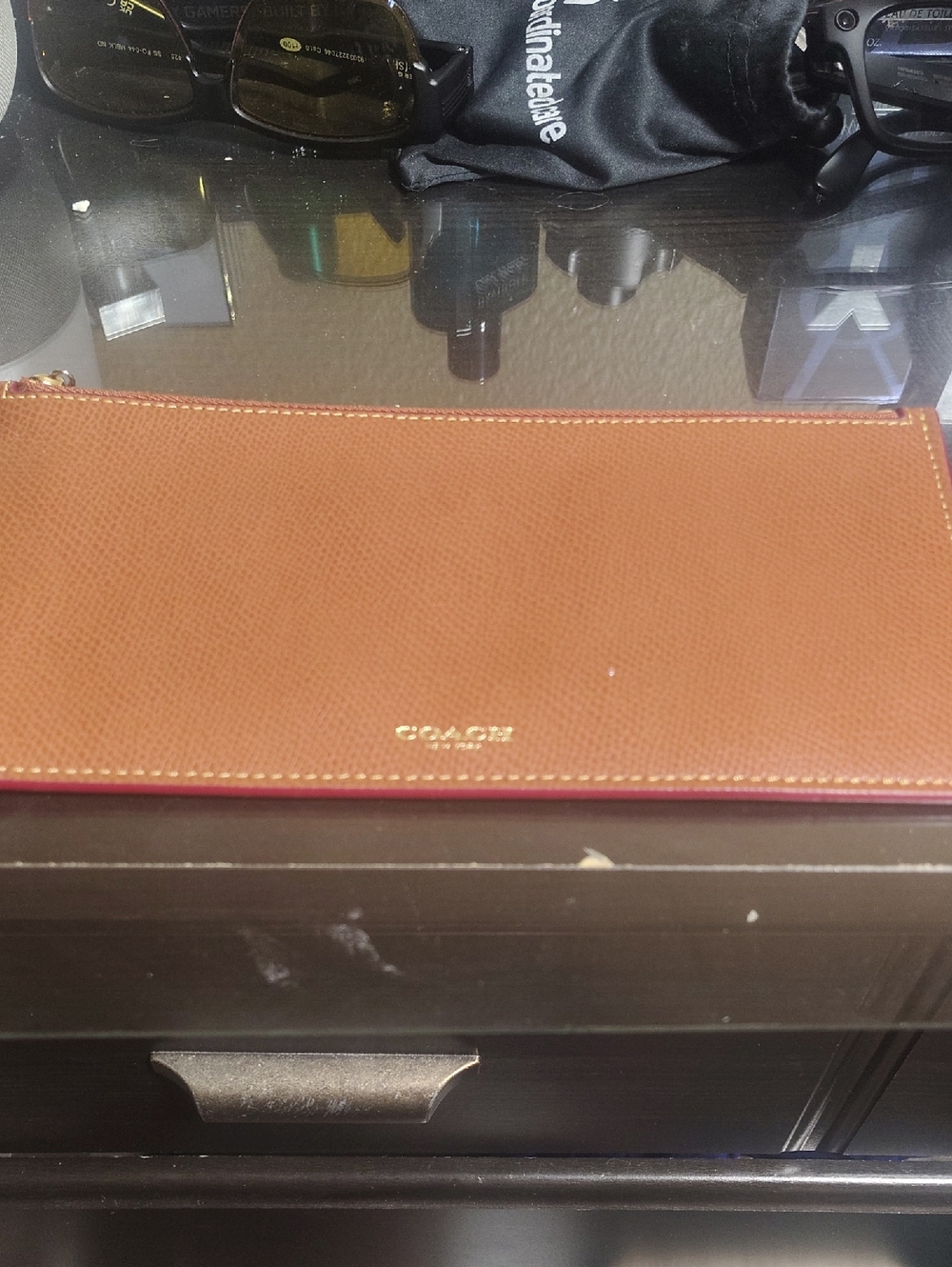Coach Tan Leather Zip-Around Wallet with Gold Logo